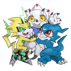  1:1 anthro ass bandai_namco bandana blue_body chibi digimon digimon_(species) digimon_ghost_game facial_markings gammamon green_eyes group head_markings hi_res horn hug kerchief male markings monodie pulsemon red_eyes veemon white_body yellow_body yellow_eyes yellow_markings 