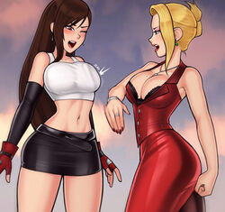  2girls black_skirt blonde_hair blue_eyes breasts brown_hair catfight cleavage clenched_hand commentary cowboy_shot crop_top dangle_earrings dress earrings emphasis_lines english_commentary eyeshadow final_fantasy final_fantasy_vii fingerless_gloves fingernails gloves hair_up highres jewelry large_breasts long_hair loodncrood looking_down makeup midriff miniskirt multiple_girls navel necklace one_eye_closed open_mouth pink_eyeshadow red_dress red_gloves red_lips red_nails scarlet_(ff7) skirt slapping slapping_breasts speed_lines stomach tank_top teeth tifa_lockhart tight_clothes tight_dress upper_teeth_only white_tank_top wince 