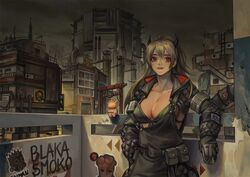  armlet black_gloves breasts building caiman_(dorohedoro) city cleavage dorohedoro female gloves grey_sky gyoza_man horns industrial_pipe large_breasts long_hair looking_at_viewer ly_hao_nguyen nikaidou_(dorohedoro) outdoors pollution pouch red_eyes sky smile spray_paint standing 