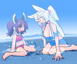  2girls adpx animal_ears bikini blue_bikini blue_sky blush breasts brown_hair cloud commentary constricted_pupils embarrassed fox_ears giant giantess hair_ornament hands_on_ground headgear high_ponytail highres large_breasts long_hair looking_down mountain mountainous_horizon multiple_girls ponytail red_bikini short_hair sidelocks sitting sky skyline sweat swimsuit tokyo_(city) touhoku_itako touhoku_kiritan voiceroid wariza white_hair 