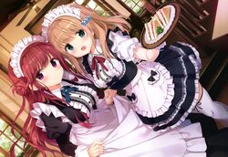  2girls :d absurdres apron blue_eyes blue_neckwear brown_hair commentary_request curtsey dress dutch_angle flower food hair_flower hair_ornament highres holding holding_tray indoors juliet_sleeves kimishima_ao long_dress long_hair long_sleeves looking_at_viewer maid maid_apron maid_headdress momoi_saki multiple_girls neck_ribbon open_mouth original parsley puffy_sleeves purple_eyes red_hair red_ribbon ribbon sandwich scan shirayuri_riko short_sleeves skirt_hold smile thighhighs tray white_legwear window 