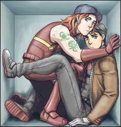  2boys arsenal arsenal_(dc) baseball_cap batman_(series) black_hair bodysuit boots box dc_comics gloves green_arrow_(series) hat in_container jacket jason_todd multiple_boys orange_hair red_hood red_hood_(dc) roy_harper sitting sleeveless tattoo 