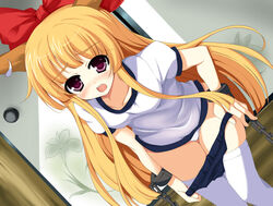  alternate_costume bad_id bad_pixiv_id blush buruma buruma_pull chains clothes_pull collarbone cuffs dutch_angle female gym_uniform horns ibuki_suika leaning_forward long_hair nishimuku_meri open_mouth orange_hair panties pulling_own_clothes purple_eyes solo thighhighs tomose_shunsaku_(style) touhou underwear undressing white_panties white_thighhighs 