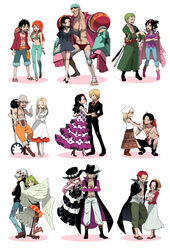  6+boys 6+girls bad_id bad_pixiv_id bandana black_hair blonde_hair blue_hair blush cape closed_eyes commentary_request cross cross_necklace crossed_arms curly_eyebrows cyborg dancing dracule_mihawk dress earrings eyewear_on_head facial_hair feathered_wings feathers flower formal franky_(one_piece) frilled_dress frills goatee green_hair hair_flower hair_ornament hands_on_own_hips harpy hat heri_(azame) high_heels highres jacket jacket_on_shoulders jewelry katana kaya_(one_piece) laughing long_hair long_nose long_sideburns makino_(one_piece) moda monet_(one_piece) monkey_d._luffy monster_girl multiple_boys multiple_girls nami_(one_piece) necklace necktie nico_robin one_piece orange_hair perona pink_hair portgas_d._ace purple_eyes red_hair roronoa_zoro sandals sanji_(one_piece) scar shanks_(one_piece) short_hair sideburns slingshot_(weapon) smile straight suit sunglasses sword tashigi trafalgar_law usopp viola_(one_piece) weapon winged_arms wings 