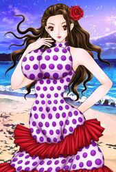  bad_anatomy beach breasts brown_hair dress earrings female female flower hair_flower hair_ornament huge_breasts impossible_clothes impossible_dress jewelry lipstick long_hair looking_at_viewer makeup mariel-nymphaea-f ocean one_piece outdoors red_eyes red_lipstick skin_tight solo viola_(one_piece) violet_(one_piece) water 