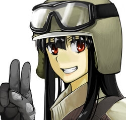  battlefield_(series) battlefield_3 black_hair commentary_request female gloves goggles goggles_on_headwear grey_gloves grin hair_between_eyes helmet hinoyama_ena houraisan_kaguya lips lipstick long_hair makeup military military_uniform parody parted_lips photoshop_(medium) portrait red_eyes simple_background smile solo touhou uniform v white_background 