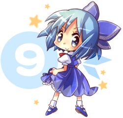  :&gt; bad_id bad_pixiv_id blue_eyes blue_hair blush bow chibi cirno cirno_day commentary_request dress female hairbow hiyopuko looking_back lowres mary_janes shoes short_hair skirt_hold smile solo touhou wings 