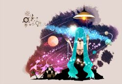  american_flag aqua_hair back backless_dress backless_outfit bad_id bad_pixiv_id bullfalk dress female from_behind hatsune_miku long_hair milky_way planet solar_system solo star_(sky) star_(symbol) twintails very_long_hair vocaloid 