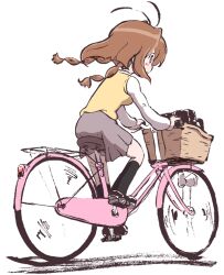  ahoge antenna_hair bag basket bicycle bicycle_basket black_socks blush_stickers braid brown_hair commentary_request female from_behind full_body grey_skirt jubei-chan karaagetarou long_hair long_sleeves looking_away nanohana_jiyuu photoshop_(medium) pleated_skirt profile riding riding_bicycle school_bag school_uniform skirt socks solo sweater_vest twin_braids vest white_background 