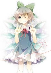  bad_id bad_pixiv_id blue_dress blue_eyes blue_hair bow cirno cirno_day dress fairy female hairbow heart heart_of_string ice kuran_(mkmrl) one_eye_closed photoshop_(medium) ribbon short_hair smile solo touhou v wings 