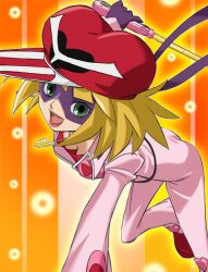  action blonde_hair bodysuit breasts cleavage female gloves green_eyes haruyama_kazunori hat jewelry jumpsuit kaminari_ai lipstick makeup mask medium_breasts open_mouth pendant pink_bodysuit smile solo stick time_bokan_(series) yatterman 