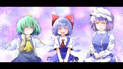  3girls ^_^ ascot blue_dress blue_eyes blue_hair bow cirno cirno_day closed_eyes commentary_request daiyousei dress fairy green_hair hairbow hat hiro_(pqtks113) ice letterboxed letty_whiterock long_hair multiple_girls open_mouth purple_hair ribbon scarf seiza shoes short_hair side_ponytail sitting smile snowflakes touhou white_scarf wings 