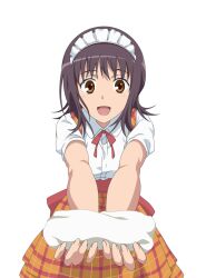  anna_miller black_hair brown_eyes commentary_request female foreshortening hands highres itsuwa open_mouth orange_skirt skirt smile smile_(rz) solo toaru_majutsu_no_index towel vector_trace waitress 