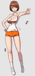  breasts brown_eyes brown_hair butcha-u cleavage clothes_writing commentary_request delightfully_fuckable_and_unrefined!! employee_uniform female grey_background hand_on_own_hip hooters large_breasts orange_shorts photoshop_(medium) pointing pointing_forward shoes short_hair short_shorts shorts sneakers socks solo tank_top uniform waitress 