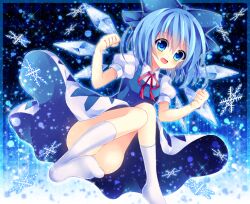  :d blue_dress blue_eyes blue_hair blush bow cirno cirno_day commentary_request dress fairy female hairbow ice neck_ribbon open_mouth partial_commentary puffy_short_sleeves puffy_sleeves red_ribbon ribbon runako short_sleeves smile snowflakes socks solo touhou upskirt white_socks wings 