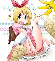  annaka_haruna banana_peel blonde_hair bow catchphrase commentary_request covering_crotch covering_privates female hairbow highres nichijou panties pantyshot rokushaku_neko school_uniform short_hair solo underwear 