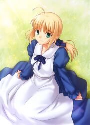  absurdres ahoge alternate_costume artoria_pendragon_(fate) blonde_hair dress fate/stay_night fate_(series) female grass green_eyes highres higurashi_ryuuji light_smile long_sleeves parody photoshop_(medium) ponytail saber_(fate) solo style_parody takeuchi_takashi_(style) 