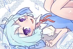  blue_hair blush bow cirno cirno_day commentary_request female hairbow lying mayuge_inu on_back short_hair smile solo touhou wings 