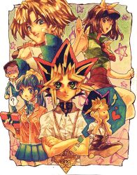  2girls 4boys ;d ? aoki_(fumomo) arrow_(symbol) bad_id bad_pixiv_id bandaid crossed_arms domino_high_school_uniform dyed_bangs heart honda_hiroto jonouchi_katsuya mazaki_anzu millennium_puzzle multiple_boys multiple_girls muto_yugi nosaka_miho o_o one_eye_closed open_mouth school_uniform smile yami_yugi yu-gi-oh! yu-gi-oh!_(toei) 