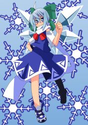  ahoge blue_dress blue_eyes blue_hair blush cirno cirno_day commentary_request dress fairy female hand_on_own_hip highres ice neki_(rushia) partial_commentary photoshop_(medium) ribbon shoes short_hair smile snowflakes solo standing touhou wings 