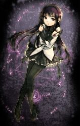  akemi_homura akemi_homura_(magical_girl) bad_id bad_pixiv_id black_hair black_pantyhose crossed_arms female glyph legs long_hair magic_circle magical_girl mahou_shoujo_madoka_magica mahou_shoujo_madoka_magica_(anime) neck_ribbon pantyhose photoshop_(medium) purple_eyes ribbon rihito0202 scared skirt solo 