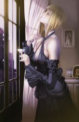  absurdres bare_shoulders blonde_hair bob_cut criss-cross_halter cup detached_sleeves dress drinking_glass female formal green_eyes halterneck highres jewelry lips looking_up maeshima_shigeki milepoch_finedel necklace photoshop_(medium) solo tatakau_shisho window wine_glass 