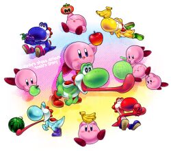  alternate_color apple bad_id bad_pixiv_id banana blue_eyes blue_skin blush_stickers closed_eyes colored_skin copyright_name food fruit grapes green_apple heart holding holding_food holding_fruit holding_watermelon kirby kirby_(series) kirby_mass_attack lying mario_(series) maxim_tomato melon multiple_persona no_humans sakiko_(gekiama) sitting tomato tongue watermelon yoshi yoshi&#039;s_story 