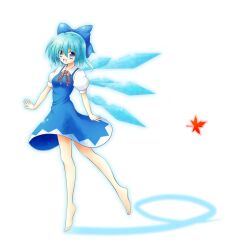  barefoot blue_eyes blue_hair blue_skirt bow cirno cirno_day commentary_request fairy female full_body hairbow ice leaf metadata_pun open_mouth osashin_(osada) ribbon short_hair skirt smile snowflakes solo touhou transparent_background wings 