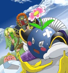  2boys armor banana_peel beard blonde_hair blue_eyes cape cellphone commentary_request facial_hair feremania gameplay_mechanics ganondorf gerudo gloves hat kirby kirby_(series) link mask meta_knight multiple_boys no_mask open_mouth phone pointy_ears red_hair smile super_smash_bros. tears the_legend_of_zelda the_legend_of_zelda:_ocarina_of_time 