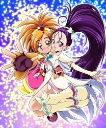  2girls :d arm_around_waist black_gloves boots bow brown_eyes brown_hair commentary_request cure_bloom cure_egret dress earrings fingerless_gloves foreshortening frills futari_wa_precure_splash_star gloves hair_ribbon hairband happy heart highres hyuuga_saki jewelry long_hair magical_girl mishou_mai multiple_girls open_mouth ponytail precure purple_eyes purple_hair ribbon santoo_takeshi skirt smile 