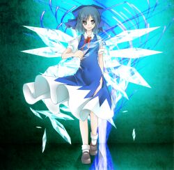  bad_id bad_pixiv_id blue_dress blue_eyes blue_hair cirno cirno_day dress fairy female ice miyu_(lacrima) ribbon short_hair smile solo torn_clothes torn_dress touhou walking wings 