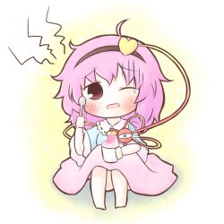  bad_id bad_pixiv_id blush brain_freeze female food hairband heart komeiji_satori one_eye_closed pink_eyes pink_hair shaved_ice sitting solo south114 spoon third_eye touhou 