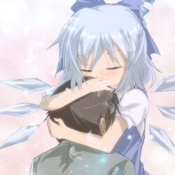  1boy black_hair blue_bow blue_dress blue_eyes blue_hair blush bow cirno cirno_day closed_eyes commentary_request couple dress fairy female hairbow hug ice ice_wings metadata_pun photoshop_(medium) ribbon short_hair snow straight touhou tsunenori upper_body wings 