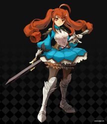  armor boots brown_legwear commentary_request cross dress female fingerless_gloves gloves muse_(rainforest) original pantyhose photoshop_(medium) red_eyes red_hair smile solo sword thigh_boots thighhighs twintails weapon 