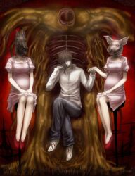  1boy 2girls abubu barefoot bleeding blood bone brown_hair commentary_request crossed_legs dress hair_over_eyes highres holding_hands horror_(theme) injury multiple_girls original pig pregnant sitting stake stitches stool throne 