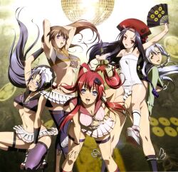  5girls absurdres armpits arms_behind_head ass black_hair blue_eyes blue_hair boots breasts brown_hair cleavage crop_top disco_ball front-tie_top fundoshi glasses gotou_matabei hand_fan hattori_hanzou_(hyakka_ryouran) headdress highres hyakka_ryouran_samurai_girls imageboard_desourced japanese_clothes large_breasts legs long_hair looking_back midriff miniskirt multiple_girls non-web_source one-piece_swimsuit open_mouth photoshop_(medium) purple_eyes red_eyes red_hair sailor_fundoshi sanada_yukimura_(hyakka_ryouran) school_swimsuit sideboob single_thighhigh skirt socks swimsuit thighhighs tokugawa_sen underboob very_long_hair white_one-piece_swimsuit yagyuu_juubei_(hyakka_ryouran) yellow_eyes zettai_ryouiki 