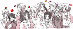  1boy 6+girls ahoge america_(hetalia) american_flag annoyed arms_up axis_powers_hetalia bad_hands blazer blush bow bowtie bun_cover china_(hetalia) chinese_clothes closed_eyes crop_top double_bun flag flower france_(hetalia) french_flag frown genderswap_(mtf) german_flag germany_(hetalia) glasses gloves hair_bun hair_flower hair_ornament hairband hairpin hand_on_head hand_on_own_chest hand_on_own_hip happy headpat himaruya_hidekazu hungarian_flag hungary_(hetalia) italian_flag jacket japan_(hetalia) japanese_flag jewelry leaning leaning_forward long_hair looking_away midriff monochrome multiple_girls navel necklace necktie northern_italy_(hetalia) official_art one_eye_closed open_mouth people&#039;s_republic_of_china_flag ponytail puffy_sleeves rule_63 russia_(hetalia) russian_flag school_uniform serafuku short_hair siblings simple_background single_hair_bun sisters smile southern_italy_(hetalia) sweat swept_bangs tank_top twintails union_jack united_kingdom_(hetalia) v wavy_hair 