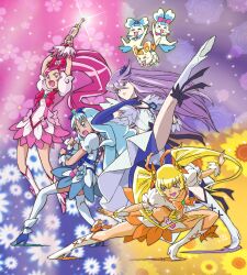  4girls blonde_hair blue_choker blue_eyes blue_hair blue_skirt boots bow brooch choker chypre_(heartcatch_precure!) coffret_(heartcatch_precure!) commentary_request creature cure_blossom cure_marine cure_moonlight cure_sunshine dress elbow_gloves full_body gloves group_picture hanasaki_tsubomi heart heart_brooch heartcatch_precure! high_ponytail highres holding holding_wand jewelry knee_boots kujira_gunsou kurumi_erika long_hair magical_girl midriff multiple_girls myoudouin_itsuki navel orange_bow photoshop_(medium) pink_bow pink_eyes pink_hair potpourri_(heartcatch_precure!) precure purple_hair ribbon serious shoes single_elbow_glove single_glove skirt thighhighs tsukikage_yuri twintails umakoshi_yoshihiko_(style) wand white_legwear wrist_cuffs yellow_bow yellow_eyes zettai_ryouiki 