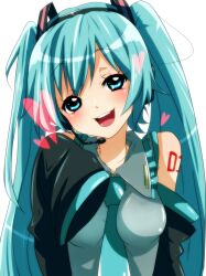  aqua_eyes aqua_hair blush commentary_request detached_sleeves female hatsune_miku head_tilt headset heart long_hair necktie negiko open_mouth simple_background sleeves_past_wrists smile solo twintails upper_body vocaloid 