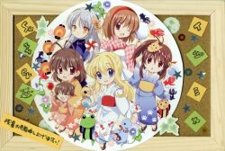  6+girls :&lt; :d ;d ahoge air_(visual_novel) angel_beats! antenna_hair balloon bell blonde_hair blue_eyes blue_flower brown_eyes brown_hair bulletin_board candy_apple clannad closed_eyes company_connection cotton_candy crossover dinosaur feline fish flower food frog furukawa_nagisa goldfish grey_hair hair_ornament hair_ribbon ikayaki izumi_rei japanese_clothes jingle_bell kamio_misuzu kanon key_(company) kimono lantern little_busters! long_hair morning_glory multiple_girls natsume_rin okazaki_ushio one_eye_closed open_mouth photoshop_(medium) pinwheel ponytail purple_flower red_eyes ribbon sauropod short_hair smile squid tachibana_kanade tsukimiya_ayu water_yoyo yellow_eyes yukata 