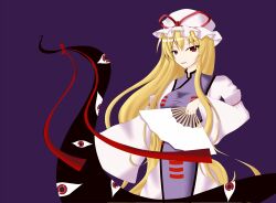  blonde_hair commentary_request dress female folding_fan gap_(touhou) gmot hand_fan hat holding holding_fan long_hair looking_at_viewer mob_cap purple_background purple_tabard red_eyes simple_background solo tabard touhou white_dress yakumo_yukari 