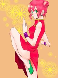  china_dress chinadress chinese_clothes dress earrings female final_fantasy final_fantasy_5 flaba-trip green_eyes hair_bun jewelry lenna_charlotte_tycoon monk pink_hair sato_(pixiv2738244) short_hair solo wristband 