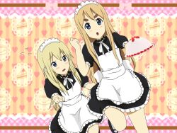  2girls alternate_costume apron bad_id bad_pixiv_id black_dress blonde_hair blue_eyes cake dress enmaided food gimp_(medium) giritaso highres holding holding_tray k-on! kotobuki_tsumugi long_hair looking_at_another looking_at_viewer maid maid_headdress multiple_girls neck_ribbon patterned_background puffy_short_sleeves puffy_sleeves ribbon saitou_sumire short_sleeves straight_hair strawberry_cake strawberry_shortcake thick_eyebrows tray very_long_hair white_apron white_ribbon 