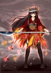  black_hair commentary_request female highres hinomoto_oniko horns japanese_clothes kimono long_hair mask naginata oni oni_horns oni_mask original polearm red_eyes red_kimono sandals solo tadano_magu thighhighs weapon 