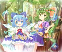  2girls ascot bird blue_dress blue_eyes blue_hair bow cirno cirno_day clothes_lift commentary_request daiso daiyousei dress dress_lift fairy flower forest green_eyes green_hair hair_ribbon hairbow head_wreath ice long_hair multiple_girls nature open_mouth ribbon short_hair sitting skirt_basket smile squirrel standing sunlight touhou tree wings 