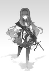  akemi_homura akemi_homura_(magical_girl) commentary_request female greyscale gun hairband highres light_machine_gun long_hair m249 machine_gun magical_girl mahou_shoujo_madoka_magica mahou_shoujo_madoka_magica_(anime) monochrome pantyhose pleated_skirt ribbon sakura_sora skirt smoke solo trigger_discipline weapon 