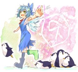  azu_(azu401) bad_id bad_pixiv_id bird blue_dress blue_hair boots bow cirno cirno_day dress fairy female green_eyes ice oerba_yun_fang open_mouth outstretched_arms penguin ribbon rubber_boots short_hair smile solo spread_arms standing touhou walking 