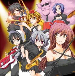  6+girls album_cover alternate_costume animal_ears band bare_shoulders black_dress black_eyes black_hair blonde_hair blue_hair breasts brown_hair cleavage commentary_request cover dress drum electric_guitar gradient_hair grey_hair guitar hat hemogurobin_a1c hijiri_byakuren holding holding_instrument holding_saxophone houjuu_nue instrument kumoi_ichirin long_hair medium_breasts mouse_ears multicolored_hair multiple_girls murasa_minamitsu nazrin necktie pointy_ears purple_hair red_eyes sailor_hat saxophone short_hair smile sunglasses toramaru_shou touhou trombone trumpet unzan 