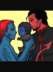  2boys age_difference azazel_(marvel) baby blue_skin blush family father father_and_son female hug marvel monster_boy monster_girl mother mother_and_son multiple_boys mystique nightcrawler purple_skin red_skin scar smile son tail x-men young younger 