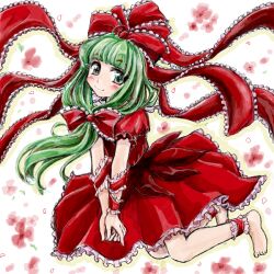  ankle_garter barefoot blush bow commentary_request dress feet female flower frills front_ponytail green_eyes green_hair hair_ribbon hairbow kagiyama_hina long_hair looking_at_viewer looking_to_the_side nanashii_(soregasisan) petals ribbon simple_background smile solo toes touhou 